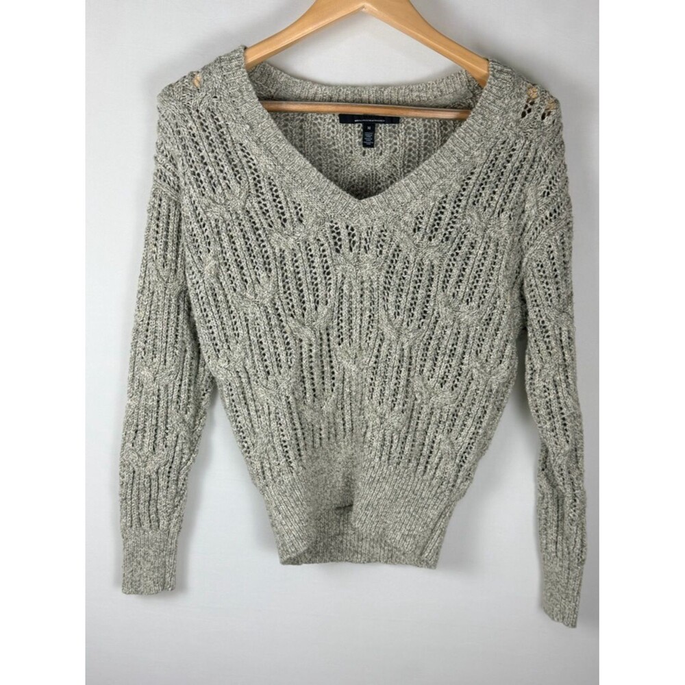 White House Black Market Open Knit V Neck Sweater Medium Textured Sage